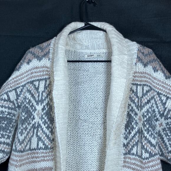 Old Navy Womens Sweater Cream Aztec Open Front Knit Short Sleeve Wool Blend S - Picture 2 of 12